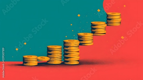 Professional ascending coin steps, representing economic growth and stability, flat vector illustration photo