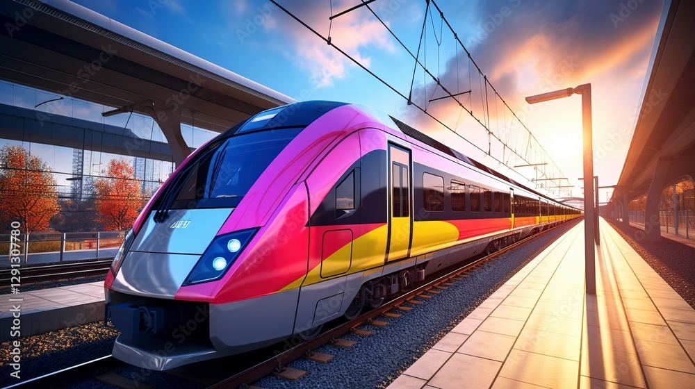 Naklejka premium A photo of a colorful modern commuter train.
