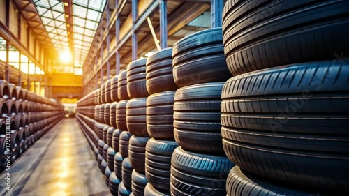 Piles of car tires stacked in a storage warehouse, close-up view of rubber tires in a factory, concept of automotive industry, manufacturing, and vehicle maintenance