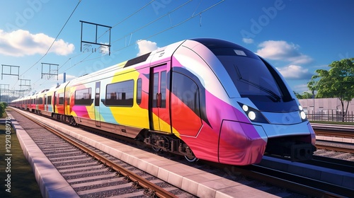 A photo of a colorful modern commuter train.