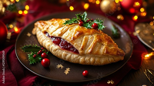 Festive Christmas cornish pasty, adorned with a cranberry glaze and sprigs of holly, set on a rich burgundy background with golden fairy lights
