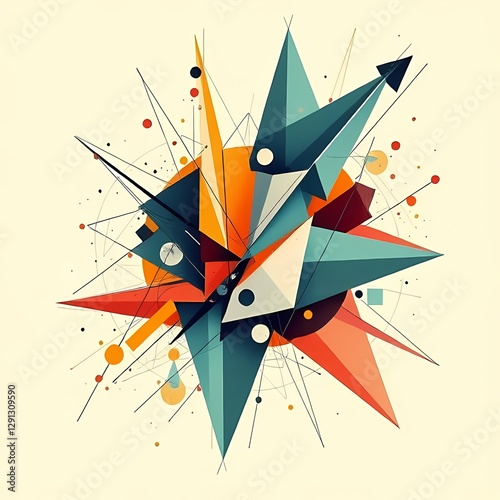 Spiky Explosion of Triangular Planes in Orange, Navy, and Cream with Dynamic Linework Explosión puntiaguda de planos triangulares en naranja, azul marino y crema con trazos dinámicos
