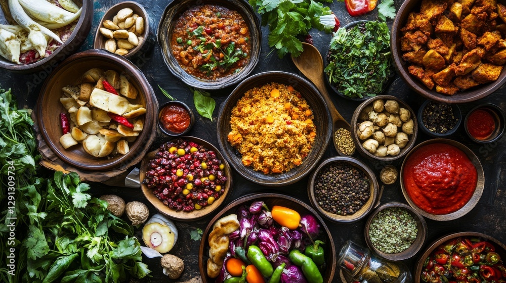 A vibrant array of colorful dishes featuring lentils, vegetables, and sauces arranged artistically A vibrant array of colorful dishes featuring lentils, vegetables, and sauces arranged artistically