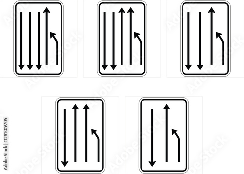 Set of regulatory road signs indicating lane directions with added lane