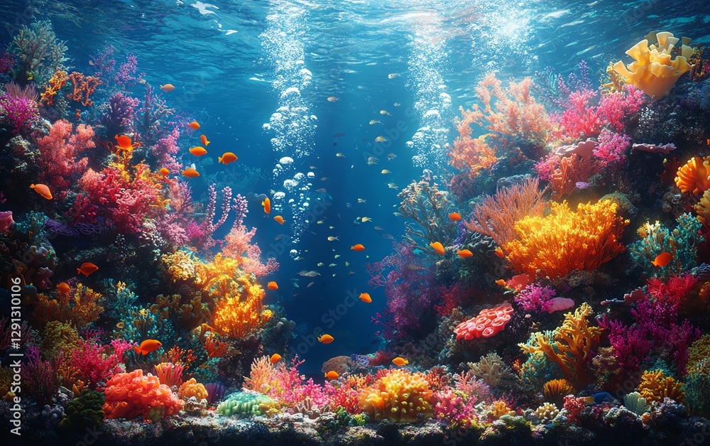 Naklejka premium A thriving coral reef, bustling with schools of fish and diverse marine life, creating a captivating underwater neighborhood brimming with energy and vibrant color