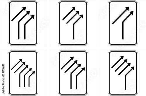 Set of rectangular traffic signs depicting merging and diverging lanes, providing guidance for drivers on road directions