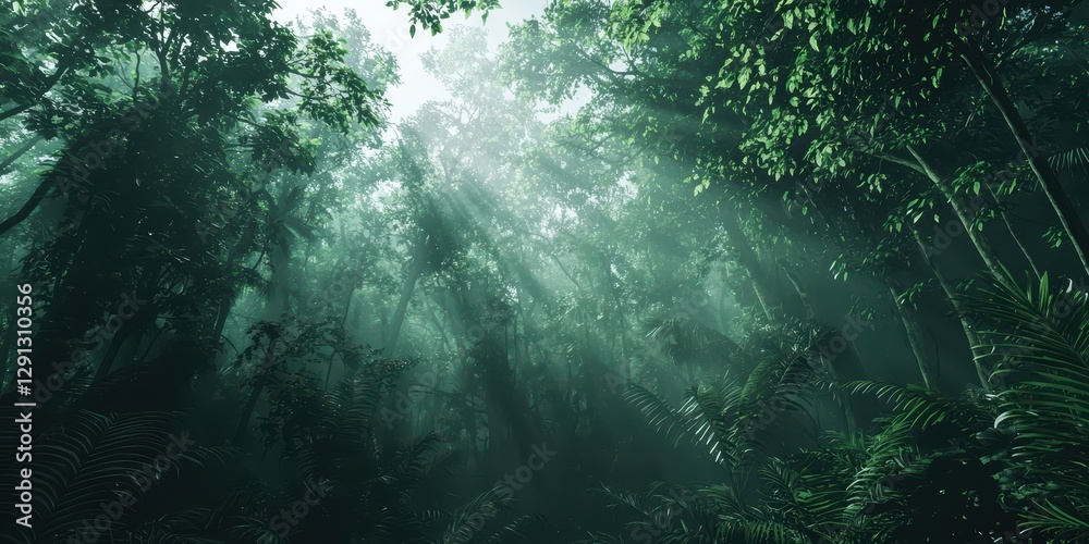 Fototapeta premium 3d background minimalistic mockup with space for text, dense rainforest with mist rolling through the towering trees