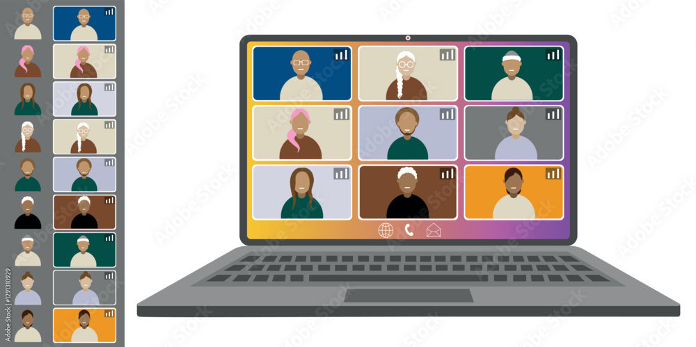 Video call conference working from home Colleagues of different nationalities and ages talk to each other on the laptop screen Isolated illustration on white background in flat style trendy colors Video call conference working from home Colleagues of different nationalities and ages talk to each other on the laptop screen Isolated illustration on white background in flat style trendy colors