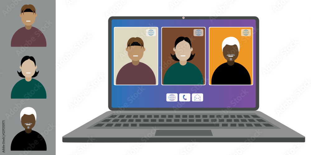 Video call conference working from home Colleagues of different nationalities and ages talk to each other on the laptop screen Isolated illustration on white background in flat style trendy colors Video call conference working from home Colleagues of different nationalities and ages talk to each other on the laptop screen Isolated illustration on white background in flat style trendy colors