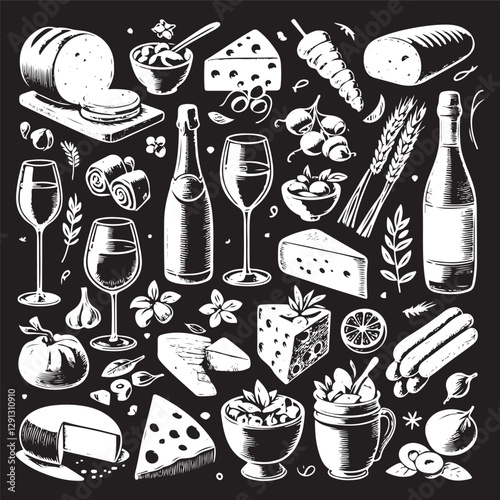 chalk food vector illustrations. wedding dinner icons, wine or champagne glass, cheese, and charcuterie drawings for wedding invitations, cafe menus, and parties.