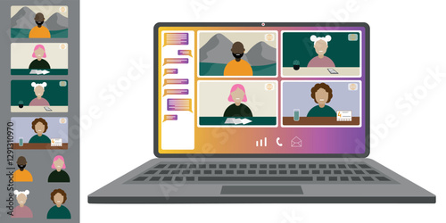 Video call conference working from home Colleagues of different nationalities and ages talk to each other on the laptop screen Isolated illustration on white background in flat style trendy colors