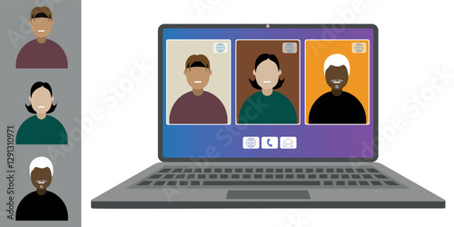 Video call conference working from home Colleagues of different nationalities and ages talk to each other on the laptop screen Isolated illustration on white background in flat style trendy colors