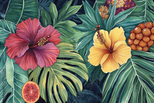 Wallpaper Mural Illustration of a colorful tropical botanical print, featuring lush green palm leaves, bright hibiscus flowers, and exotic fruits. The vivid colors and intricate layering create a fresh and lively Torontodigital.ca