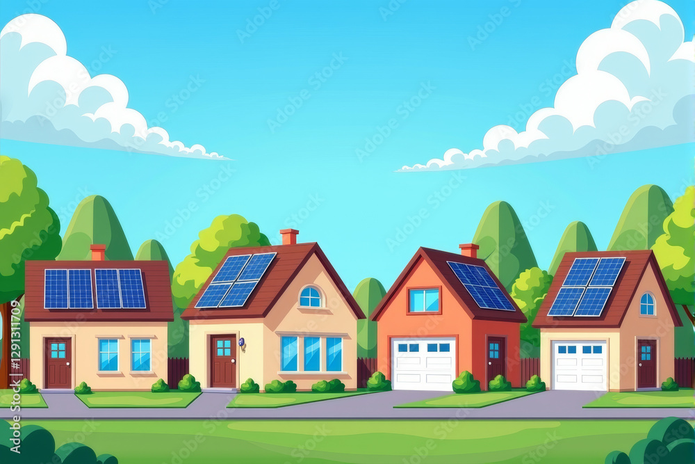 A suburban neighborhood with multiple homes using rooftop solar panels