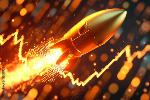 A golden rocket launching over financial chart background, representing market momentum and investment.