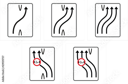 Set of square regulatory road signs illustrating lane merging, diverging, and overtaking rules, including minimum distance indicators