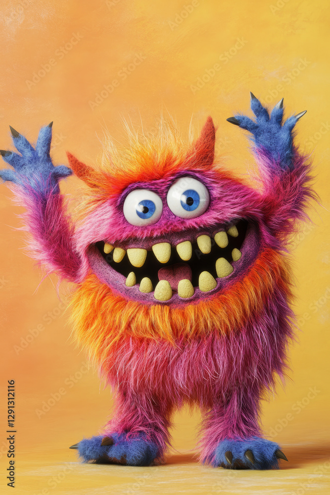 A friendly monster covered in soft, fluffy fur, waving with a big toothy grin. The vibrant, playful design makes it look like a character from a children storybook. A friendly monster covered in soft, fluffy fur, waving with a big toothy grin. The vibrant, playful design makes it look like a character from a children storybook.
