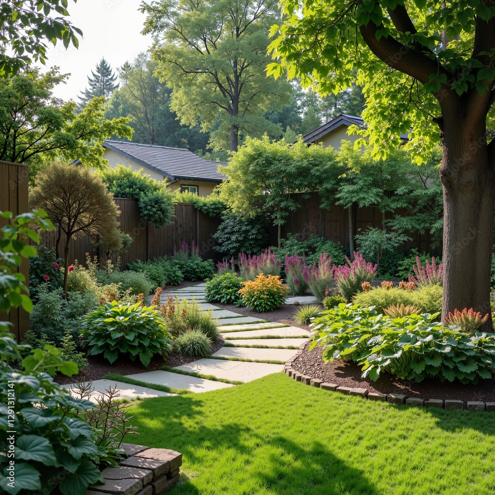 Obraz premium A well-maintained backyard with green lawn, stone path,