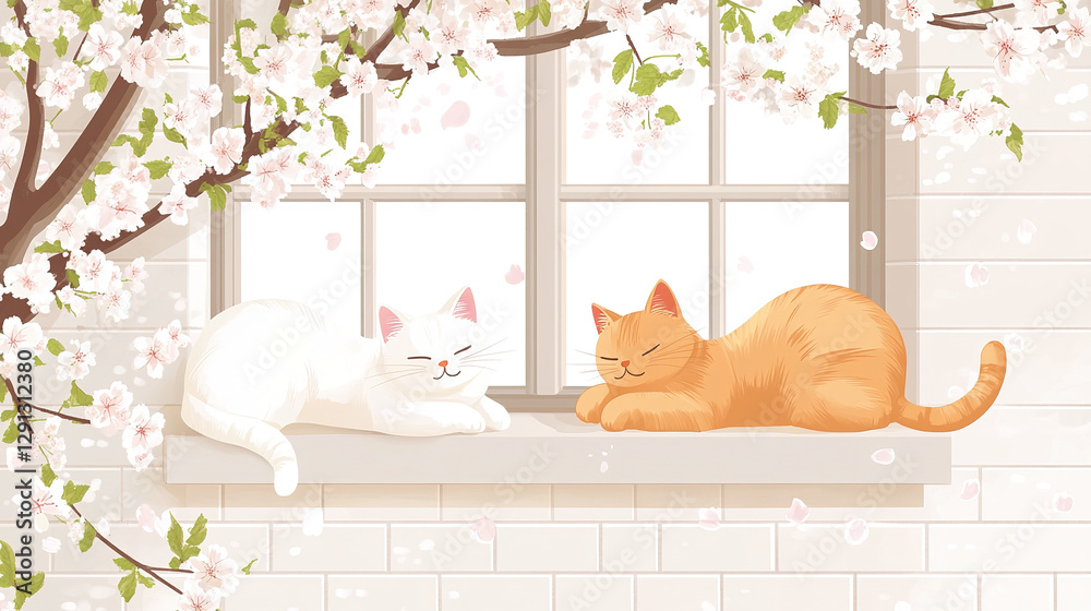 Fototapeta premium Cats Under Cherry Blossoms