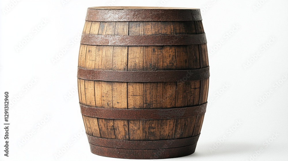 Obraz premium A sturdy wooden barrel standing alone against a white