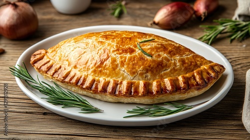 Handmade cornish pasty with delicate crimping detail, placed on a white ceramic dish, with rosemary sprigs and caramelized onions, on a warm rustic wooden backdrop photo