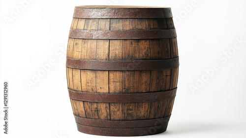 A sturdy wooden barrel standing alone against a white