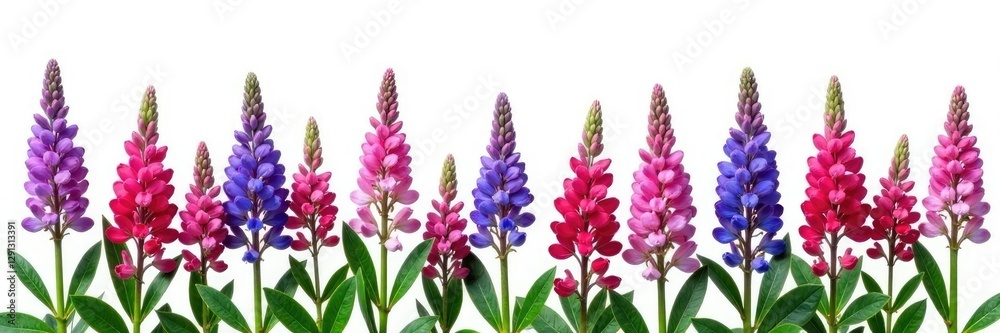 Fototapeta premium Row of Salvia flowers against a plain white background, botanical, stems, clean
