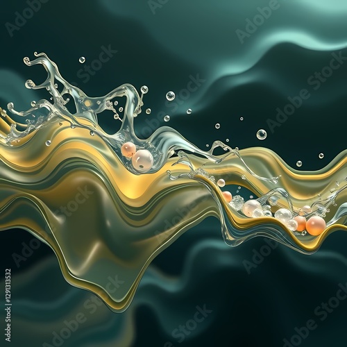 Emerald and Gold Liquid Ribbons Twisting in Mystic Mist Cintas líquidas esmeralda y doradas retorciéndose en niebla mística abstract background with green yellow waves