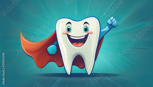 A cheerful superhero tooth with a cape encourages good dental hygiene for everyone.