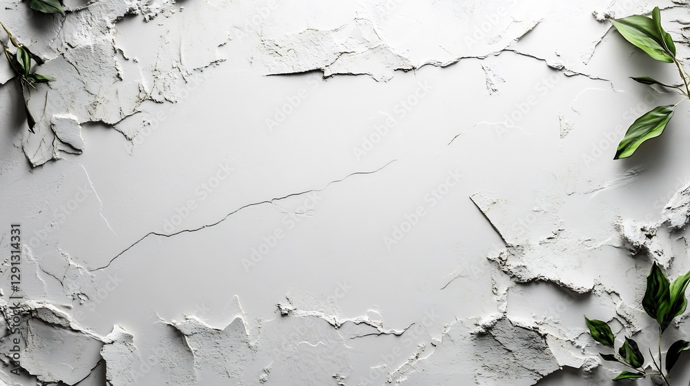Obraz premium Textured White Background with Green Leaves: A Serene Minimalist Design