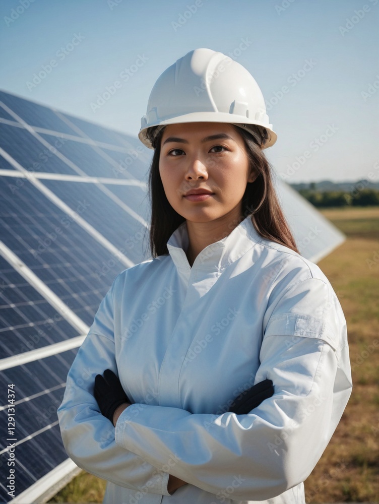 Proud East Asian Female Green Energy Professional in Safety Gear with Solar Array, Warm Lighting Portrait Proud East Asian Female Green Energy Professional in Safety Gear with Solar Array, Warm Lighting Portrait