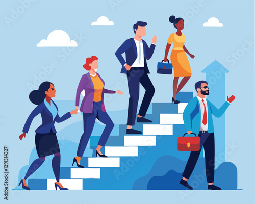 A vector illustration in flat style showing a group of diverse people in business outfits walking up the steps, following a leader who is looking ahead. The people are diverse in terms of gender and e