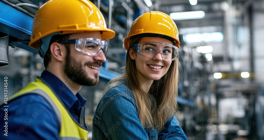 Two workers wear safety helmets and goggles while smiling and collaborating in a busy manufacturing environment during the day Two workers wear safety helmets and goggles while smiling and collaborating in a busy manufacturing environment during the day