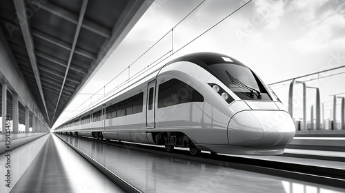 A photo of a minimalist modern train in monochrome.