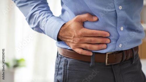 Abdominal pain experienced by a man at a doctor’s office, with a hand on his stomach. Featuring concern and unease