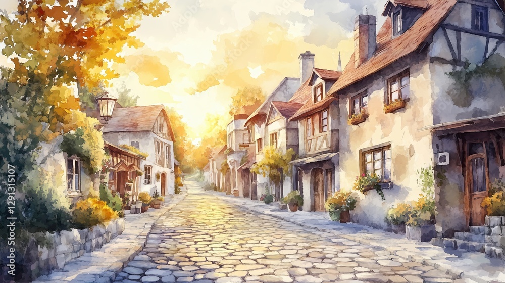 Fototapeta premium Charming street scene with quaint houses bathed in warm sunset light, exuding a nostalgic atmosphere.