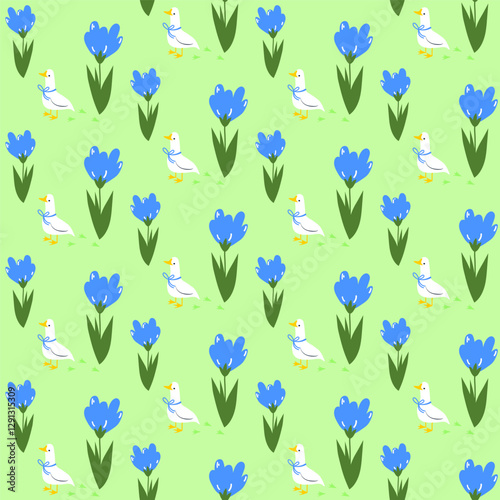 Seamless bright spring floral vector pattern with white goose or duck bird. Background with crocus flowers, leaves. 
