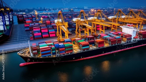 Cargo ship unloading containers at busy port during twilight hours in urban setting