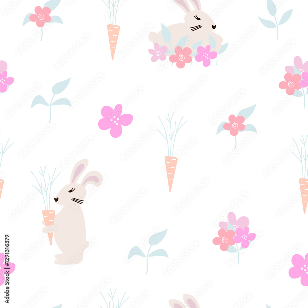 Obraz premium Easter seamless pattern with rabbit and flowers