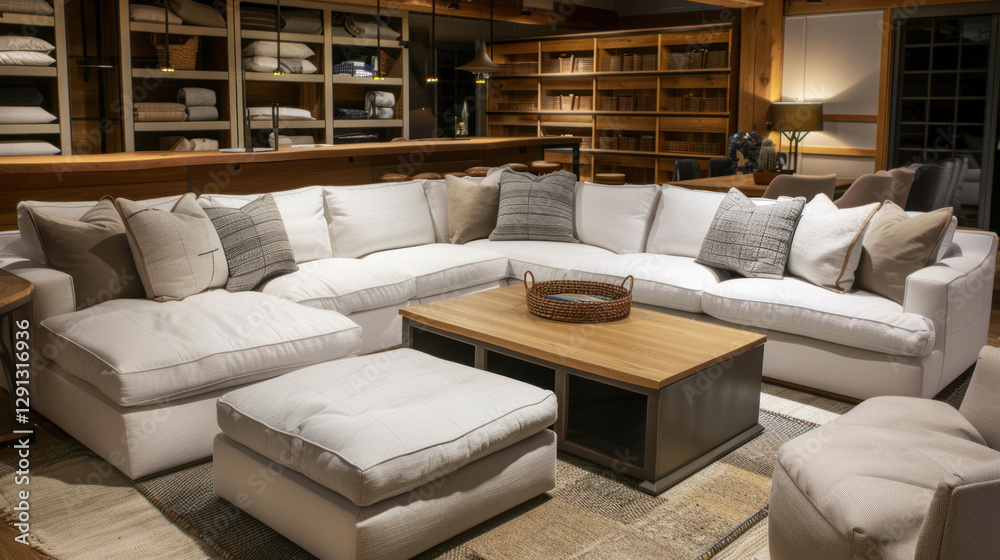 Comfortable family room furniture including a large sectional sofa, ottomans, and a kid-safe coffee table Comfortable family room furniture including a large sectional sofa, ottomans, and a kid-safe coffee table