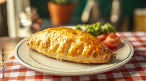 Retro diner-style Cornish pasty, plated on a classic checkered tablecloth, against a 1950s American aesthetic background