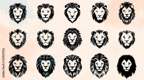Vector set of black and white lion heads, vector logo design concept photo