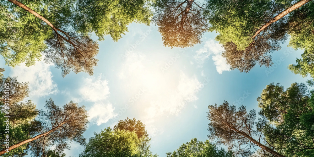 Obraz premium Dramatic Upward View Through Forest Canopy Captures Sunburst Through Leaves