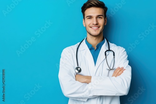 Portrait of a confident friendly young male doctor isolated on blue background. Professional image photo with copy space. Celebration of National Doctor’s Day