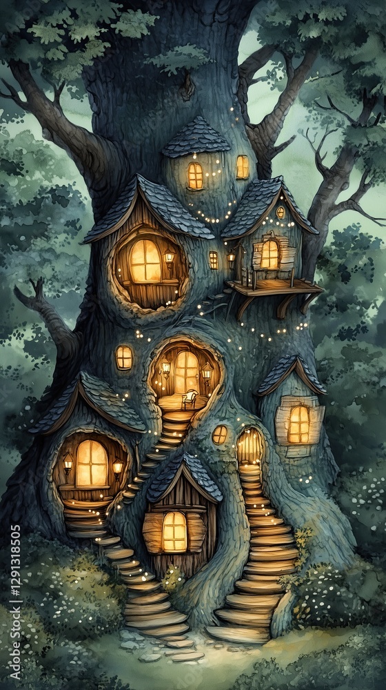Fototapeta premium Enchanting treehouse village with glowing windows surrounded by lush greenery, perfect for a magical atmosphere.