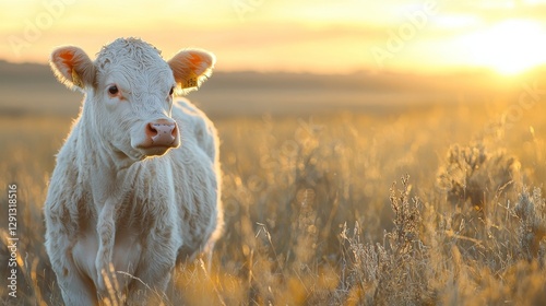 A young calf standing gracefully in a golden field at sunset, surrounded by soft grasses and a warm glow from the setting sun