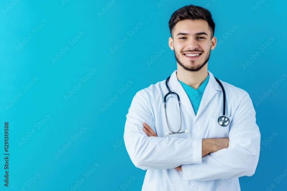 Portrait of a confident friendly young male doctor isolated on blue background. Professional image photo with copy space. Celebration of National Doctor’s Day Portrait of a confident friendly young male doctor isolated on blue background. Professional image photo with copy space. Celebration of National Doctor’s Day