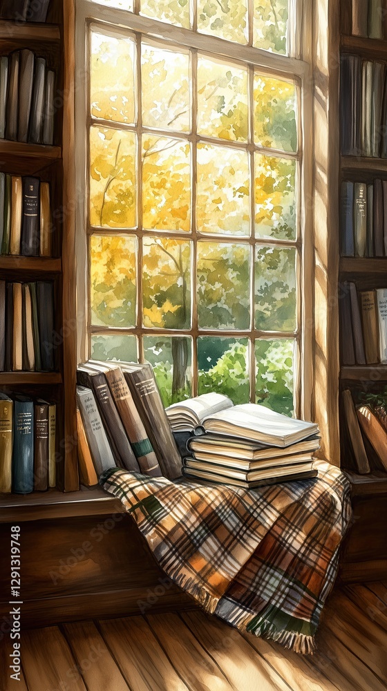 Fototapeta premium Warm and cozy reading nook by a sunlit window with books and a soft blanket, ideal for relaxation and enjoyment.