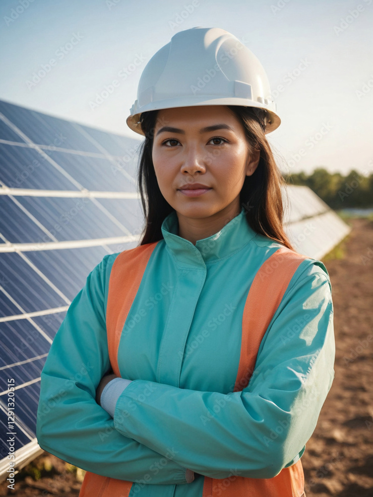 Dedicated Southeast Asian Woman in Safety Gear with Solar Panels, Renewable Energy Advocate Portrait Dedicated Southeast Asian Woman in Safety Gear with Solar Panels, Renewable Energy Advocate Portrait