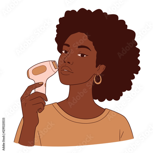 Self-care Glow: An African woman embraces beauty with a modern hair removal device. This illustration highlights skincare and confidence. 